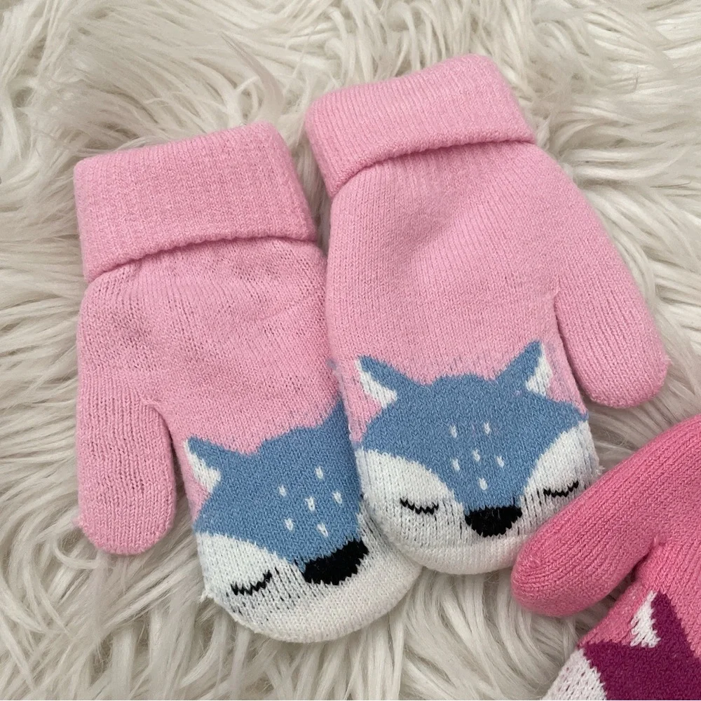 Toddler kids snow gloves with strings winter warm fox